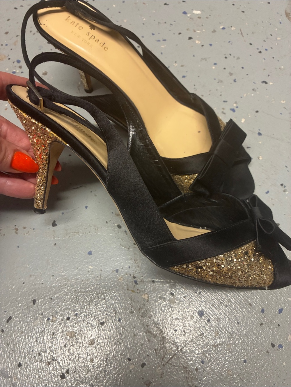 kate spade Black Bow Slingback Heels with Gold Glitter Accents